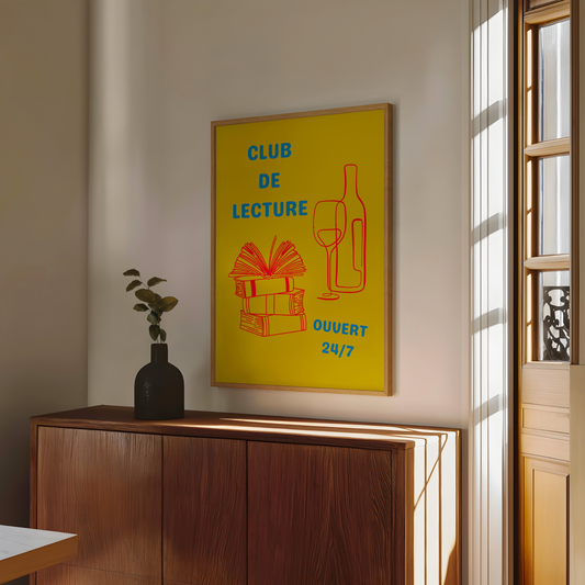 Affiche pour passionné(e)s de lecture, Club de Lecture Ouvert 24/7 Livres et Vin