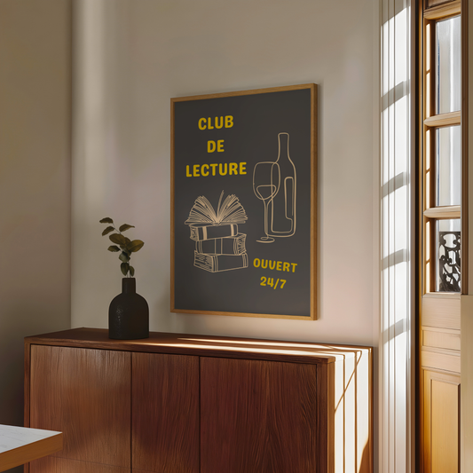 Affiche pour passionné(e)s de lecture, Club de Lecture Ouvert 24/7 Livres et Vin