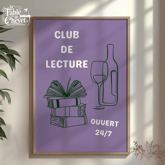 Affiche pour passionné(e)s de lecture, Club de Lecture Ouvert 24/7 Livres et Vin
