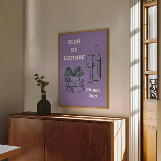 Affiche pour passionné(e)s de lecture, Club de Lecture Ouvert 24/7 Livres et Vin