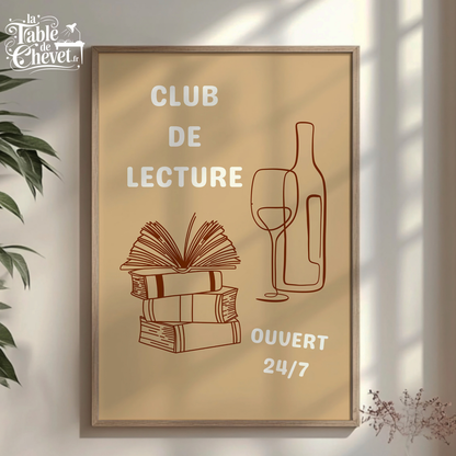 Affiche pour passionné(e)s de lecture, Club de Lecture Ouvert 24/7 Livres et Vin