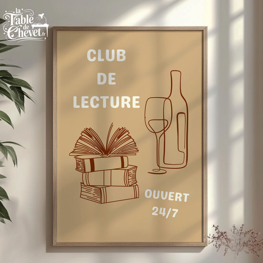 Affiche pour passionné(e)s de lecture, Club de Lecture Ouvert 24/7 Livres et Vin