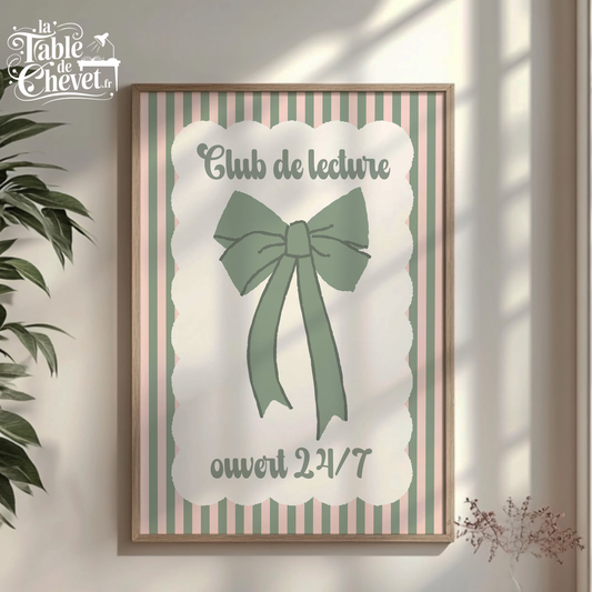Affiche pour passionné(e)s de lecture, Club de Lecture Ouvert 24/7, Noeud Ruban Coquette