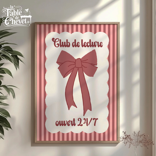 Affiche pour passionné(e)s de lecture, Club de Lecture Ouvert 24/7, Noeud Ruban Coquette