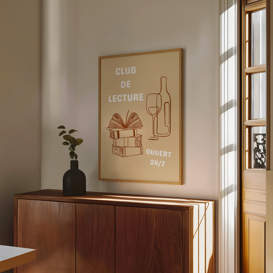 Affiche pour passionné(e)s de lecture, Club de Lecture Ouvert 24/7 Livres et Vin