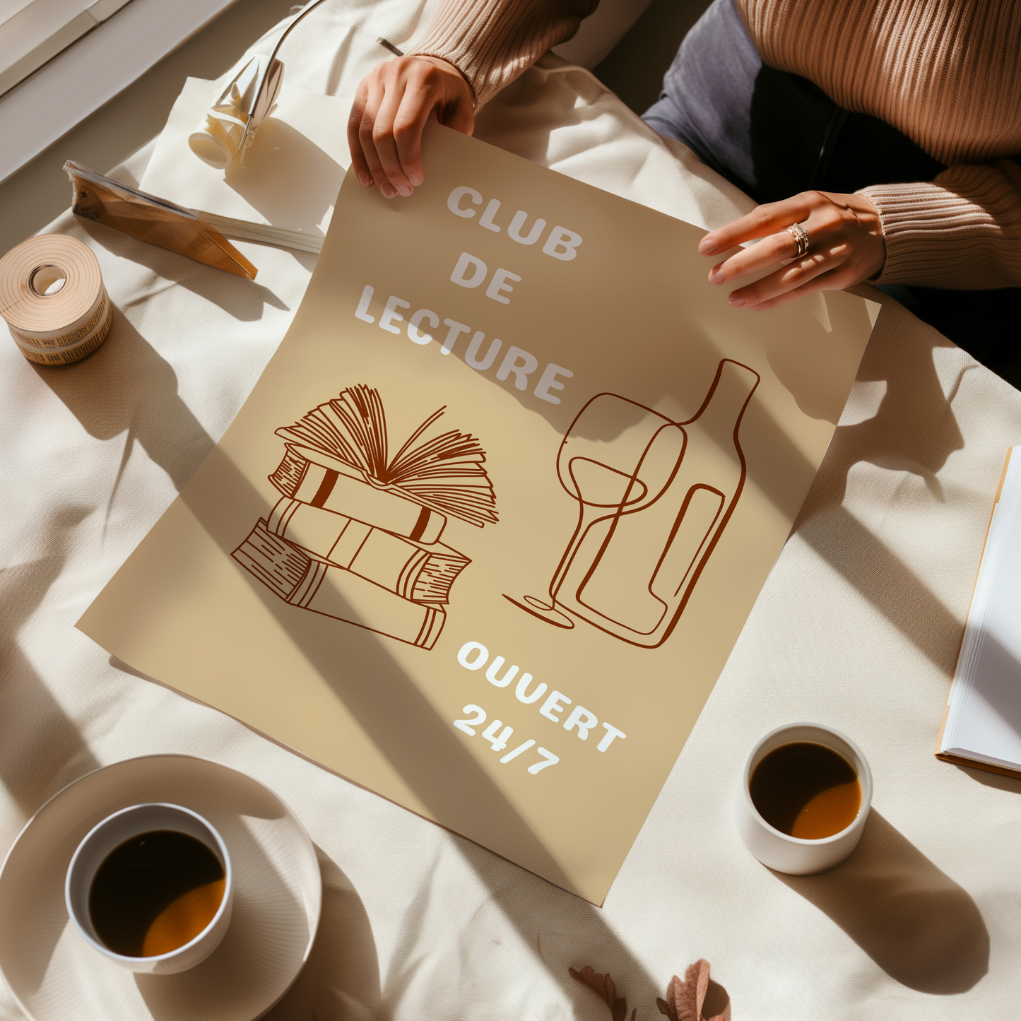 Affiche pour passionné(e)s de lecture, Club de Lecture Ouvert 24/7 Livres et Vin