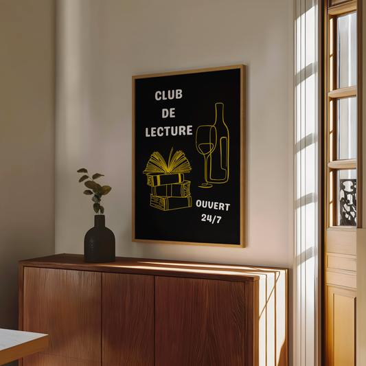 Affiche pour passionné(e)s de lecture, Club de Lecture Ouvert 24/7 Livres et Vin