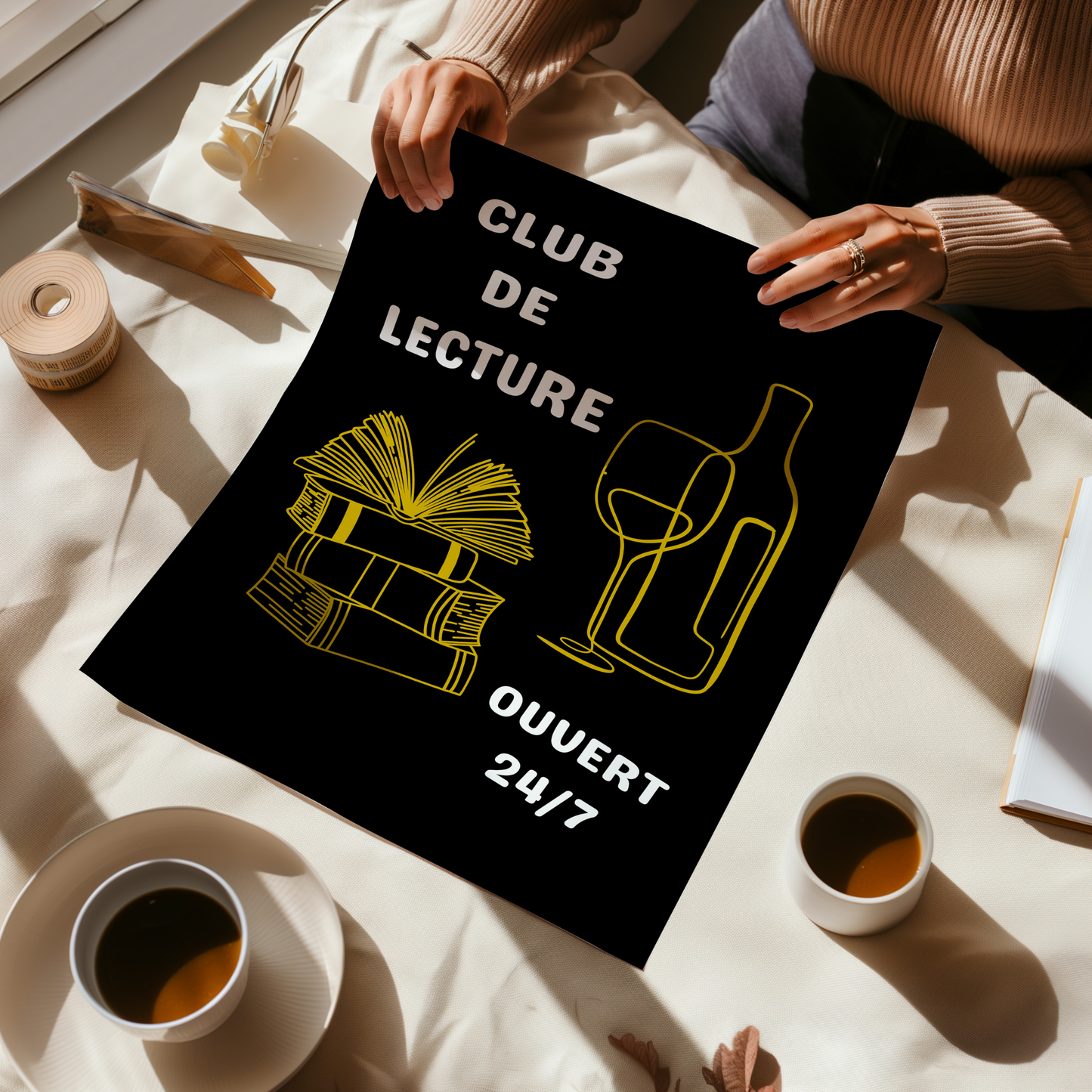 Affiche pour passionné(e)s de lecture, Club de Lecture Ouvert 24/7 Livres et Vin
