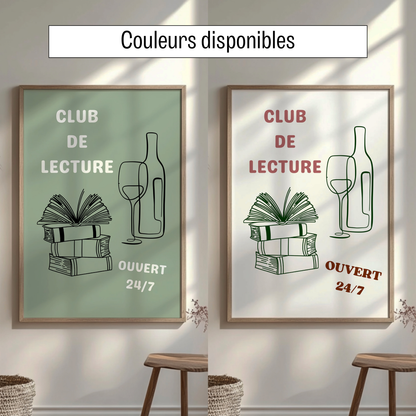 Affiche pour passionné(e)s de lecture, Club de Lecture Ouvert 24/7 Livres et Vin