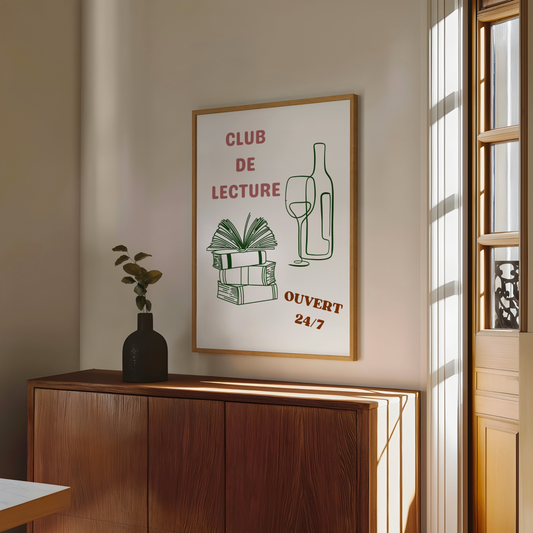 Affiche pour passionné(e)s de lecture, Club de Lecture Ouvert 24/7 Livres et Vin