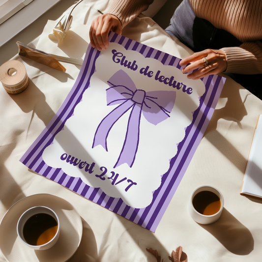 Affiche pour passionné(e)s de lecture, Club de Lecture Ouvert 24/7, Noeud Ruban Coquette