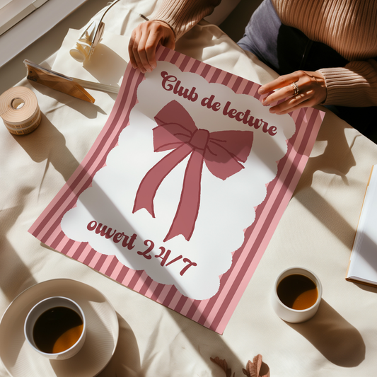 Affiche pour passionné(e)s de lecture, Club de Lecture Ouvert 24/7, Noeud Ruban Coquette
