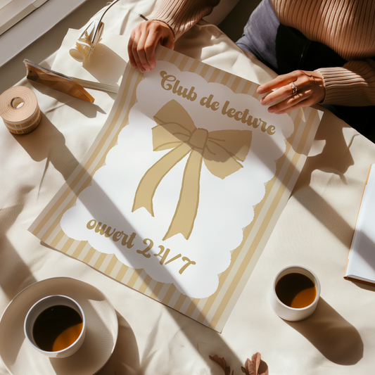 Affiche pour passionné(e)s de lecture, Club de Lecture Ouvert 24/7, Noeud Ruban Coquette