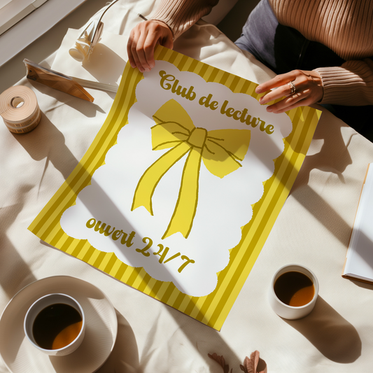 Affiche pour passionné(e)s de lecture, Club de Lecture Ouvert 24/7, Noeud Ruban Coquette
