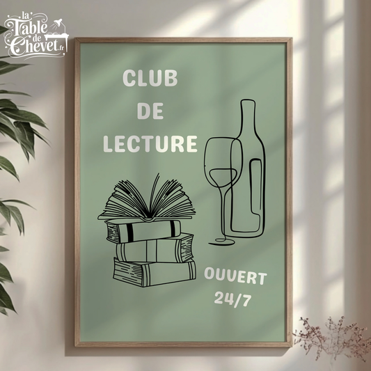 Affiche pour passionné(e)s de lecture, Club de Lecture Ouvert 24/7 Livres et Vin