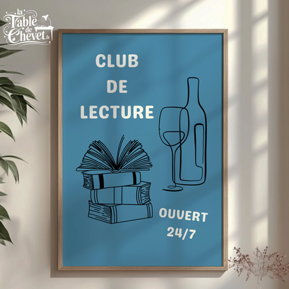 Affiche pour passionné(e)s de lecture, Club de Lecture Ouvert 24/7 Livres et Vin