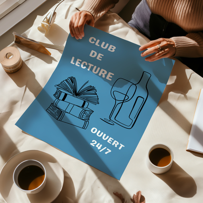 Affiche pour passionné(e)s de lecture, Club de Lecture Ouvert 24/7 Livres et Vin