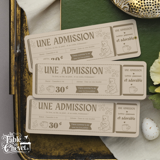 Marque-page ticket, Signet Admission pour Lectrice passionnée et adorable
